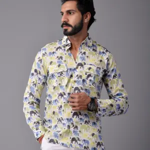 Men's Sanganeri Antique White Hunting Styled Elephant Printed Shirt | Regal Outdoor Wear